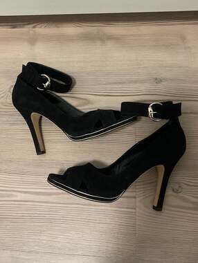 Gucci Black Suede Peep Toe Ankle Strap Heels with Gold Trim